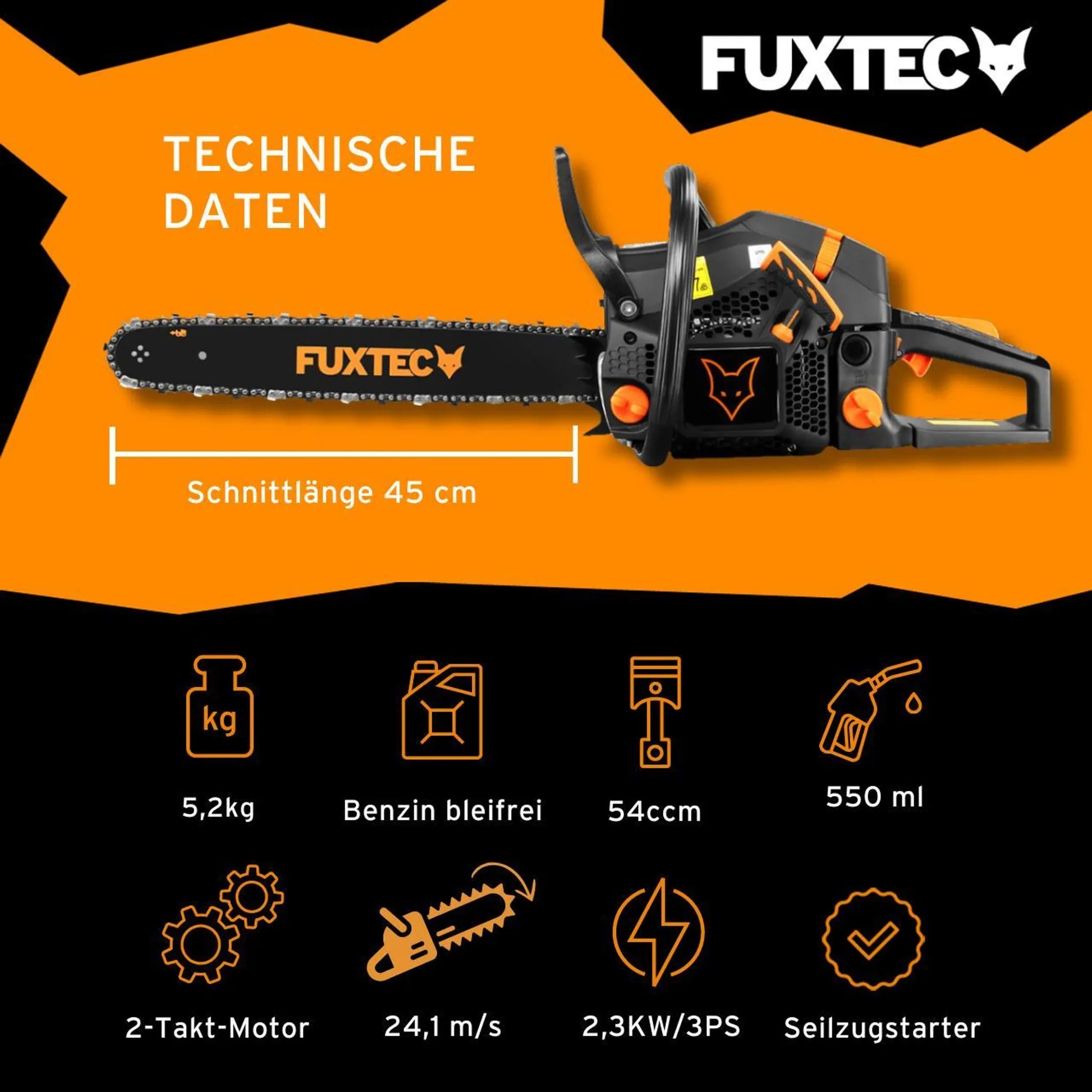 FUXTEC Benzin Kettensäge FX-KS255 – Black Edition – Schwertlänge 46cm