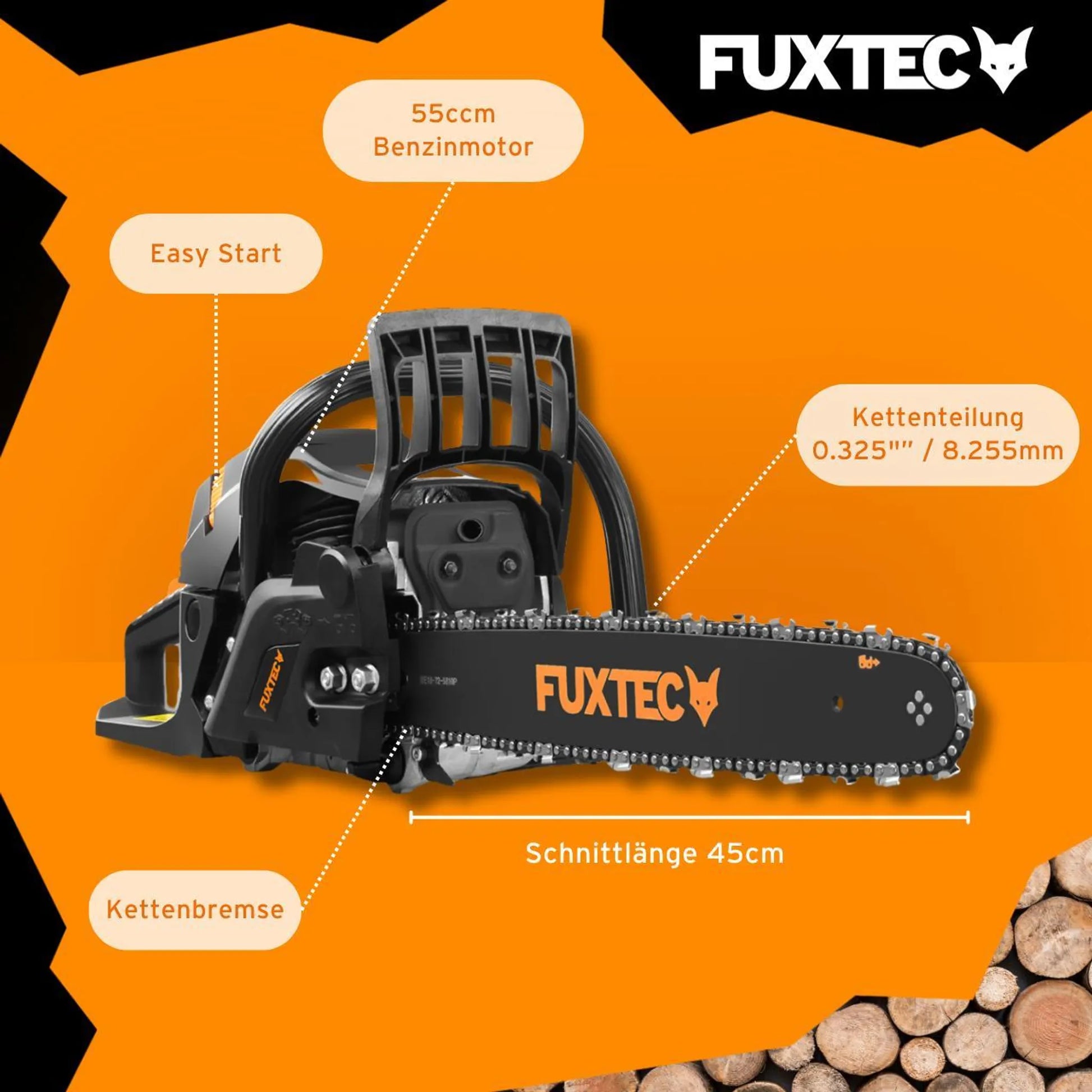 FUXTEC Benzin Kettensäge FX-KS255 – Black Edition – Schwertlänge 46cm