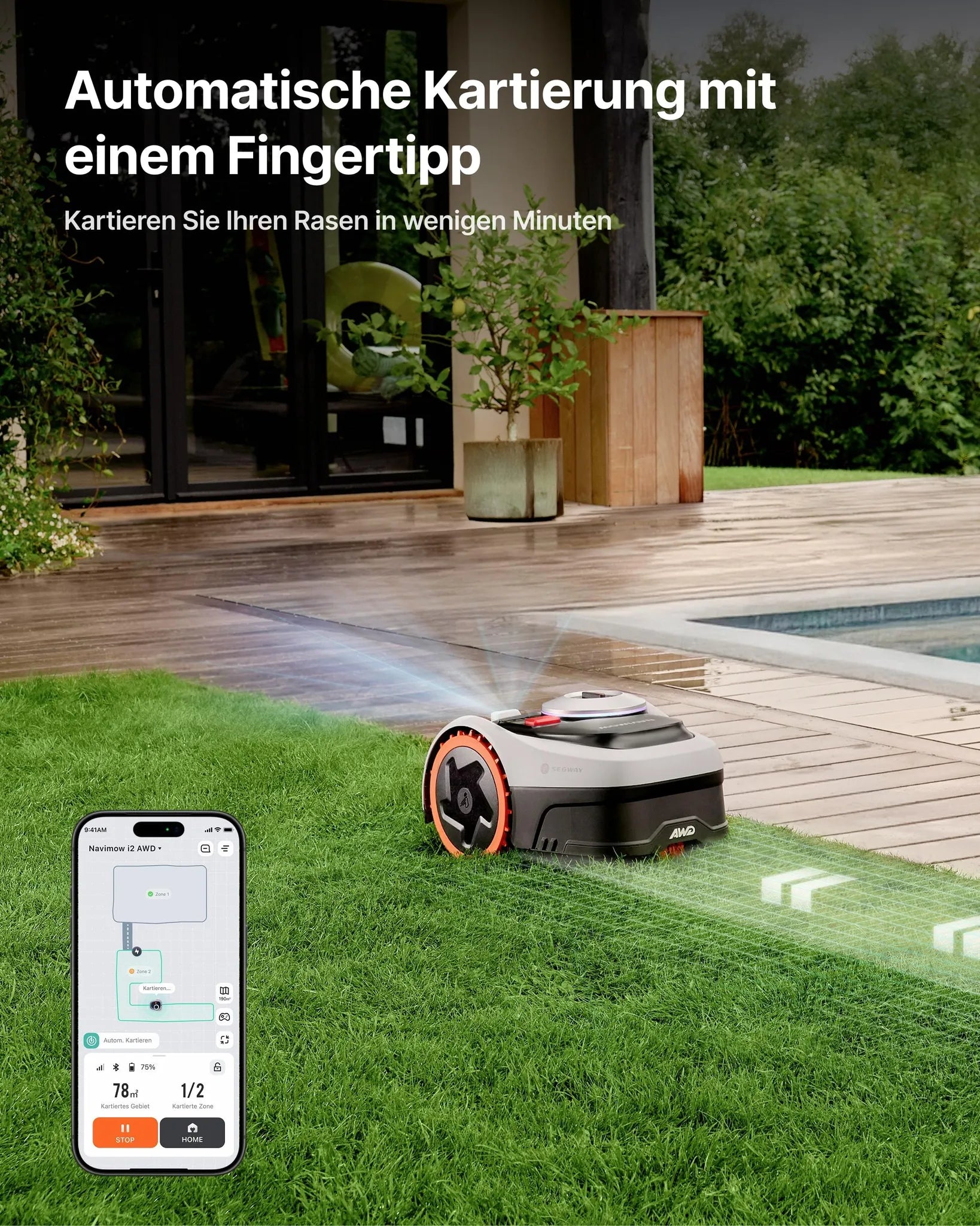 Navimow i205 AWD Mähroboter ohne Begrenzungskabel mit Garage S, Allradantrieb für Steigungen bis zu 45 %, EFLS NRTK + Vision